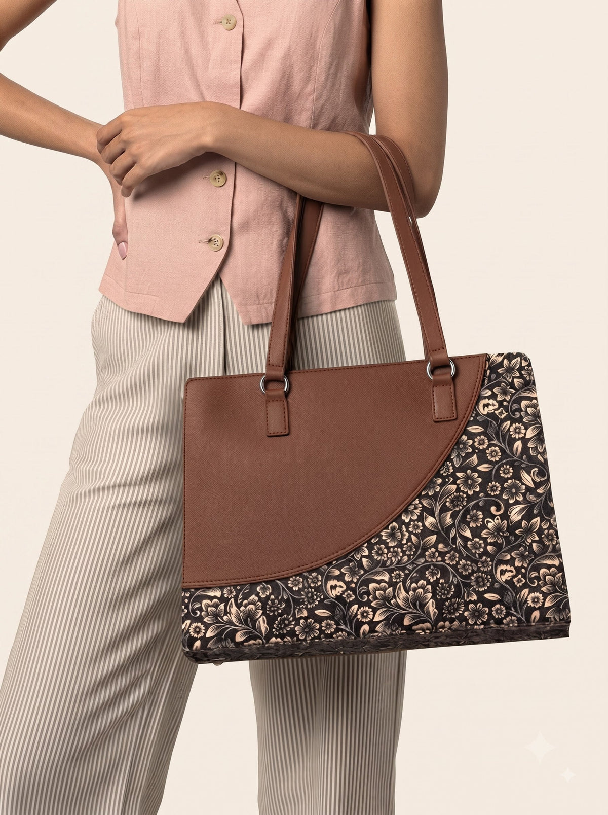 Premium Brown Faux Leather & Floral Fabric Office Chic Carry Bag for Women