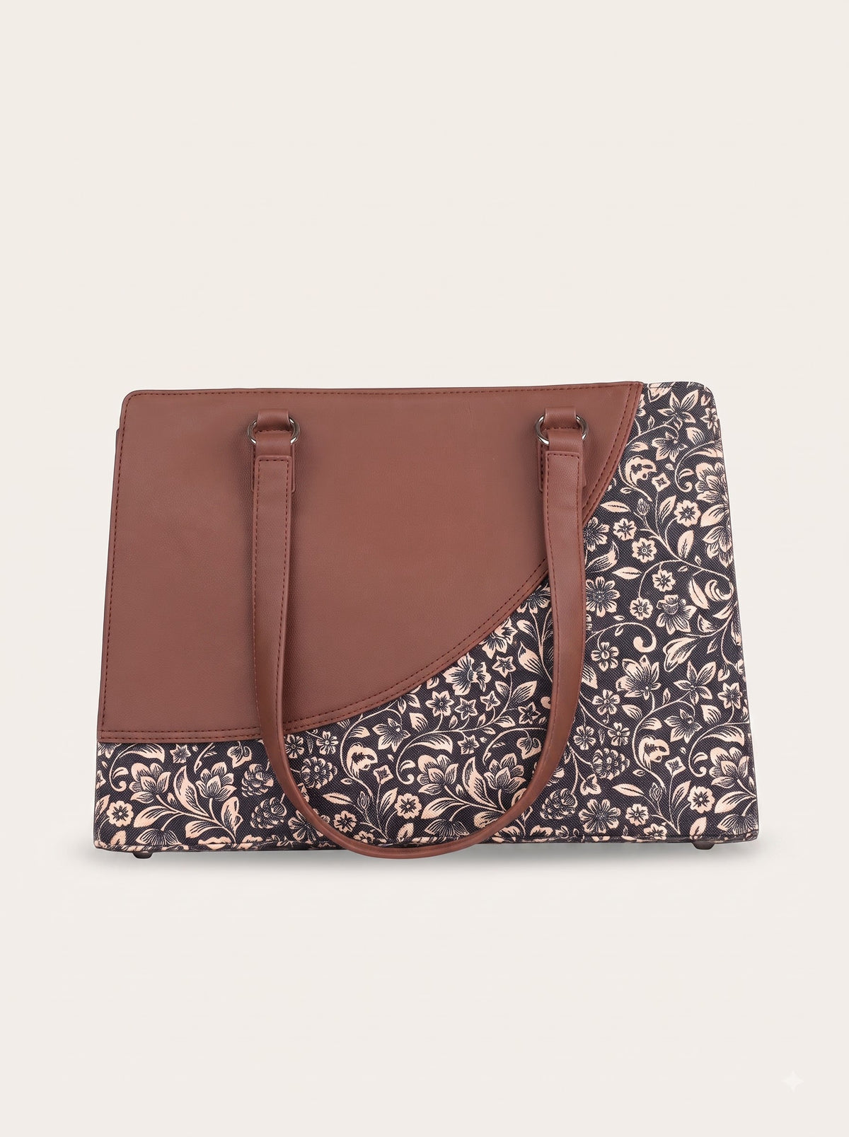 Premium Brown Faux Leather & Floral Fabric Office Chic Carry Bag for Women