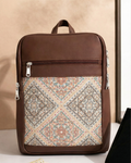 Beige Ethnic Diamond Backpack with Faux Leather Finish & Laptop Storage