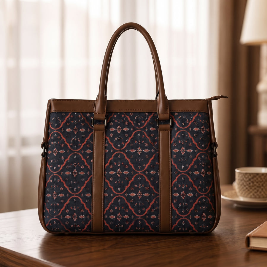 Women's Premium Midnight Blue Floral Printed Canvas Office Tote Bag